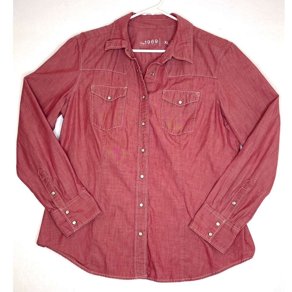 Gap Women Shirt Western Chambray Snap Front XL Red